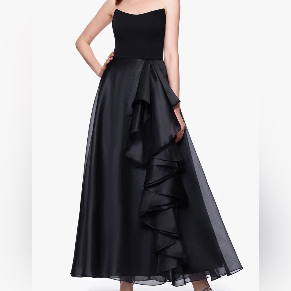 Betsy & Adam Ruffle Strapless Mixed
Media Gown